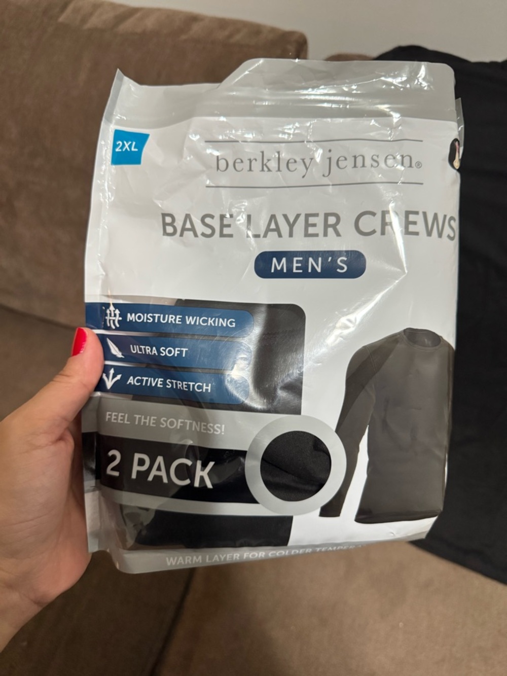 Berkley Jensen Men’s Black Base Layer Crew - 2 Pack (2XL)